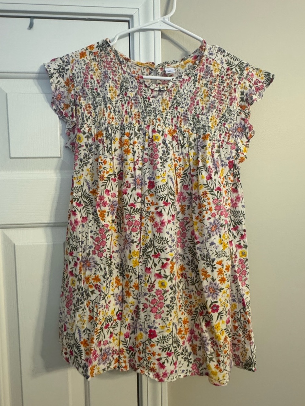 Old Navy Floral Smocked Tunic - White with Pink, Yellow & Green